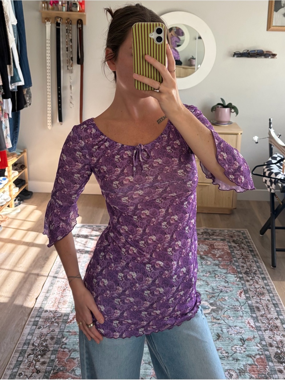Great Escape Y2K Purple Floral Bell Sleeve Top XS/S